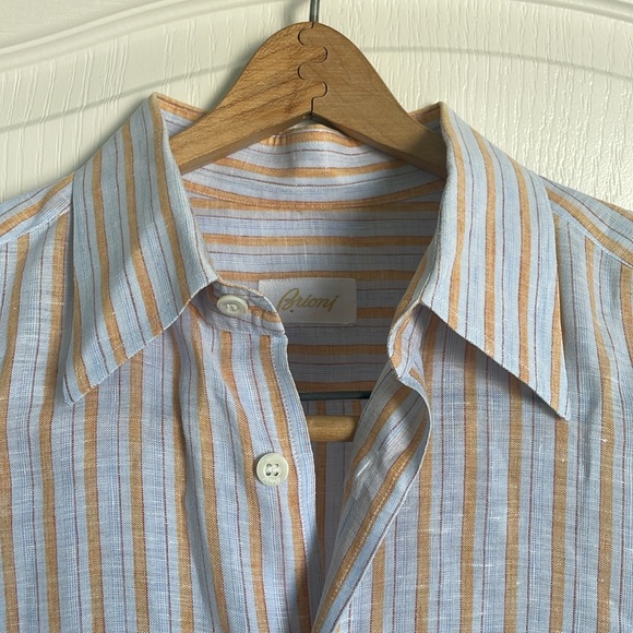 BRIONI ITALY 100% LUXURY LINEN SHIRT Mens Large Blue Stripe Short Sleeve - Picture 3 of 13
